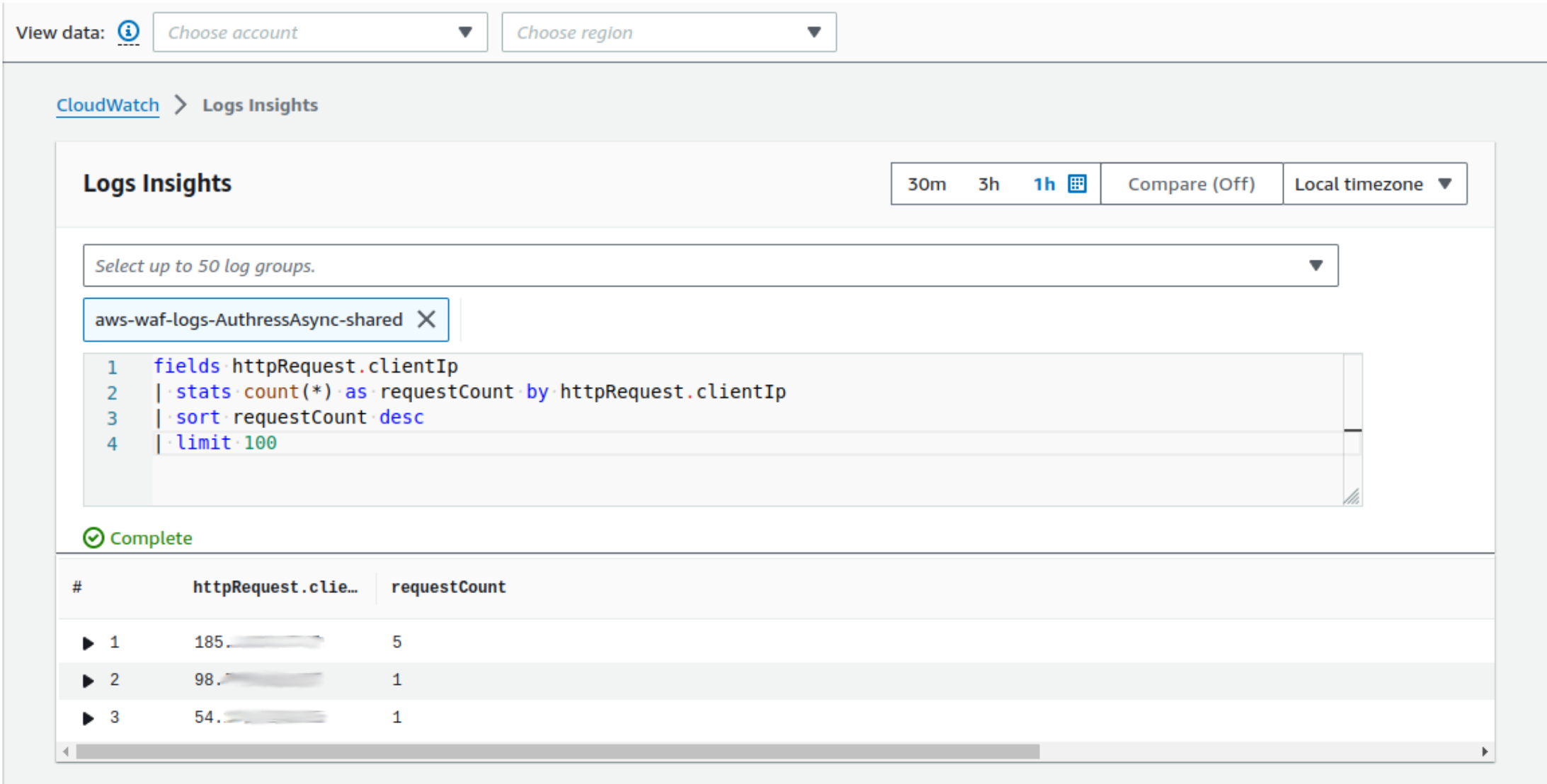 WAF COUNT metrics display